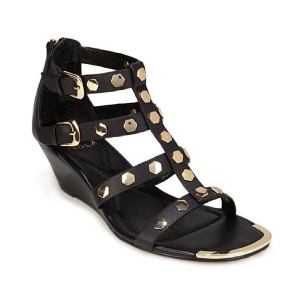 Isola Primrose 7 black gold gladiator wedge sandal women’s size 7.5